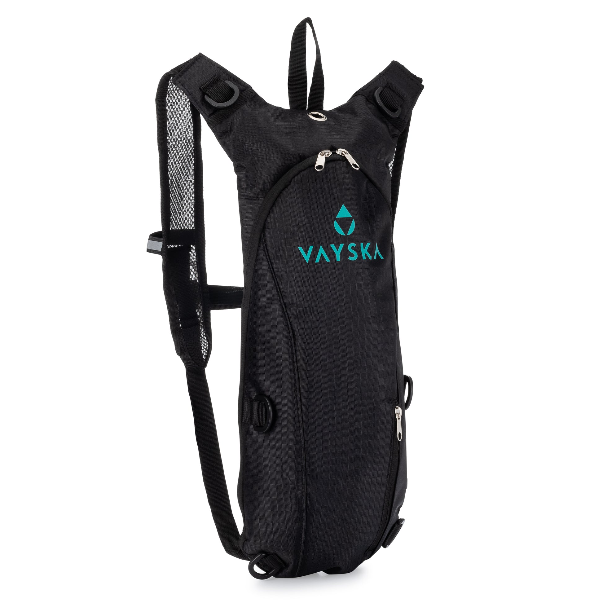 A black Vayska hydration pack with comfort straps on a white background.