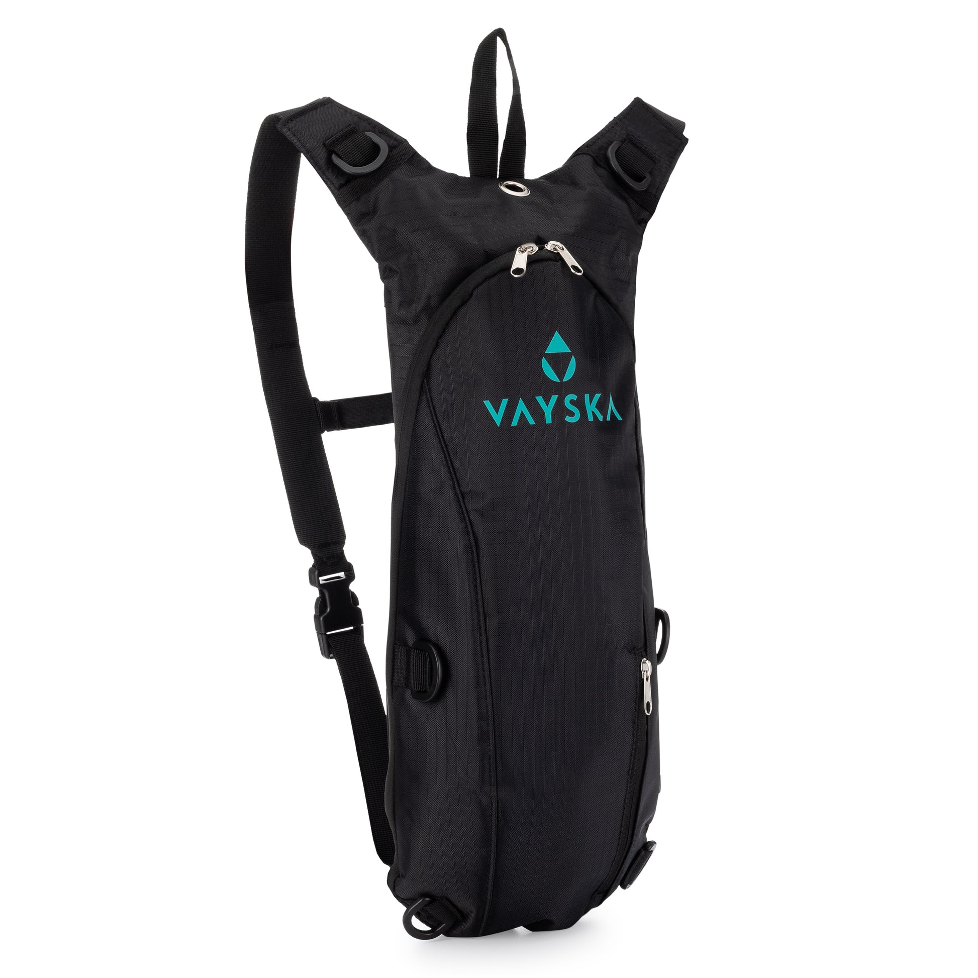 A black Vayska hydration pack with regular nylon straps on a white back ground. The background is boring, but the pack is awesome!